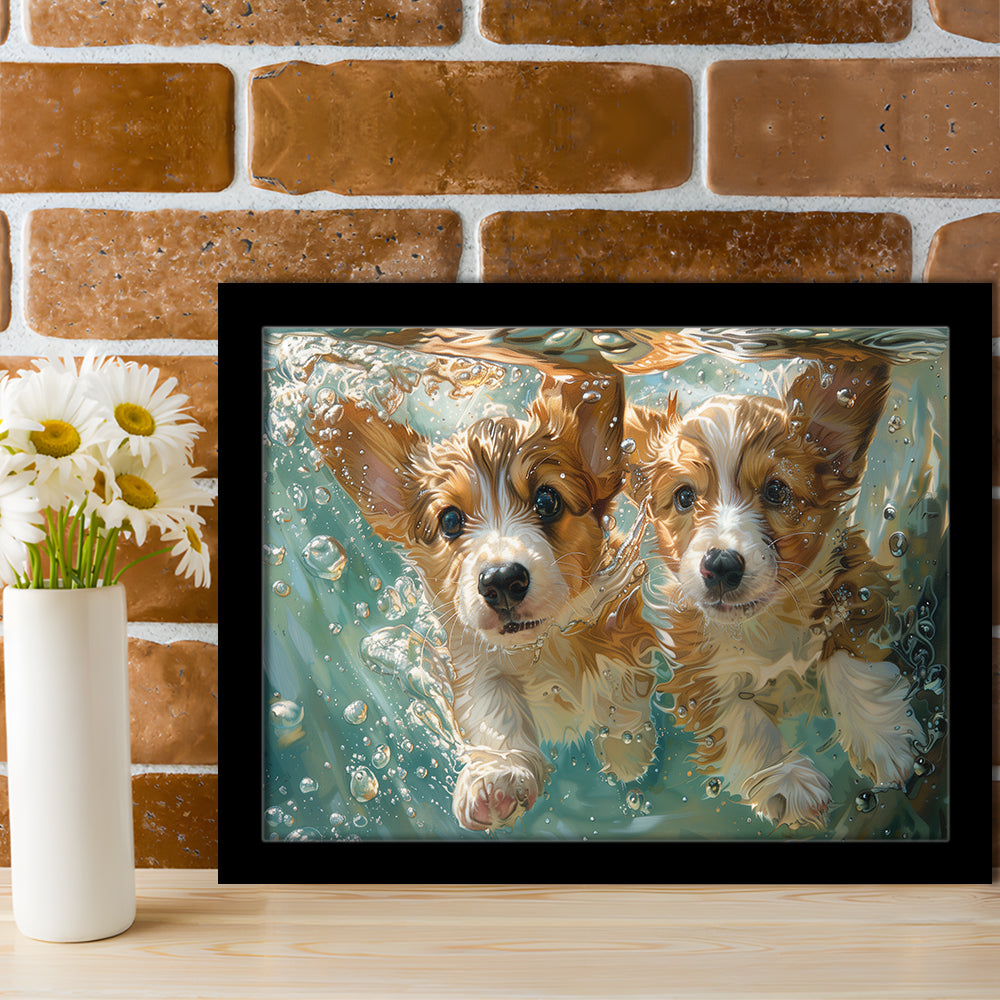 Funny Corgi Puppies Underwater Watercolor, Funny Pet Art, Framed Art Print Wall Decor, Framed Picture