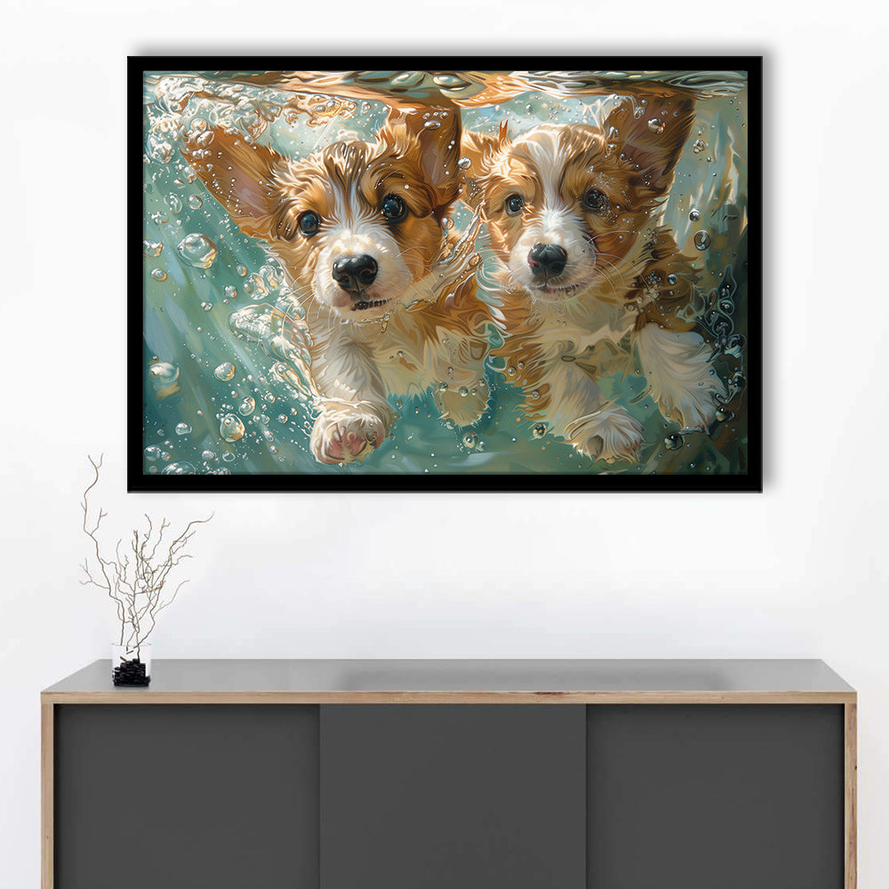Funny Corgi Puppies Underwater Watercolor, Funny Pet Art, Framed Art Print Wall Decor, Framed Picture