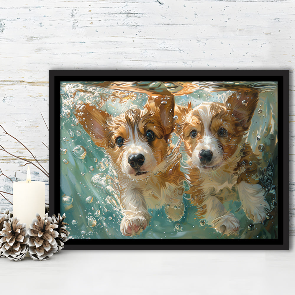 Funny Corgi Puppies Underwater Watercolor, Funny Pet Art, Floating Framed Canvas Print Wall Art