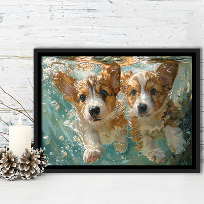 Funny Corgi Puppies Underwater Watercolor, Funny Pet Art, Floating Framed Canvas Print Wall Art