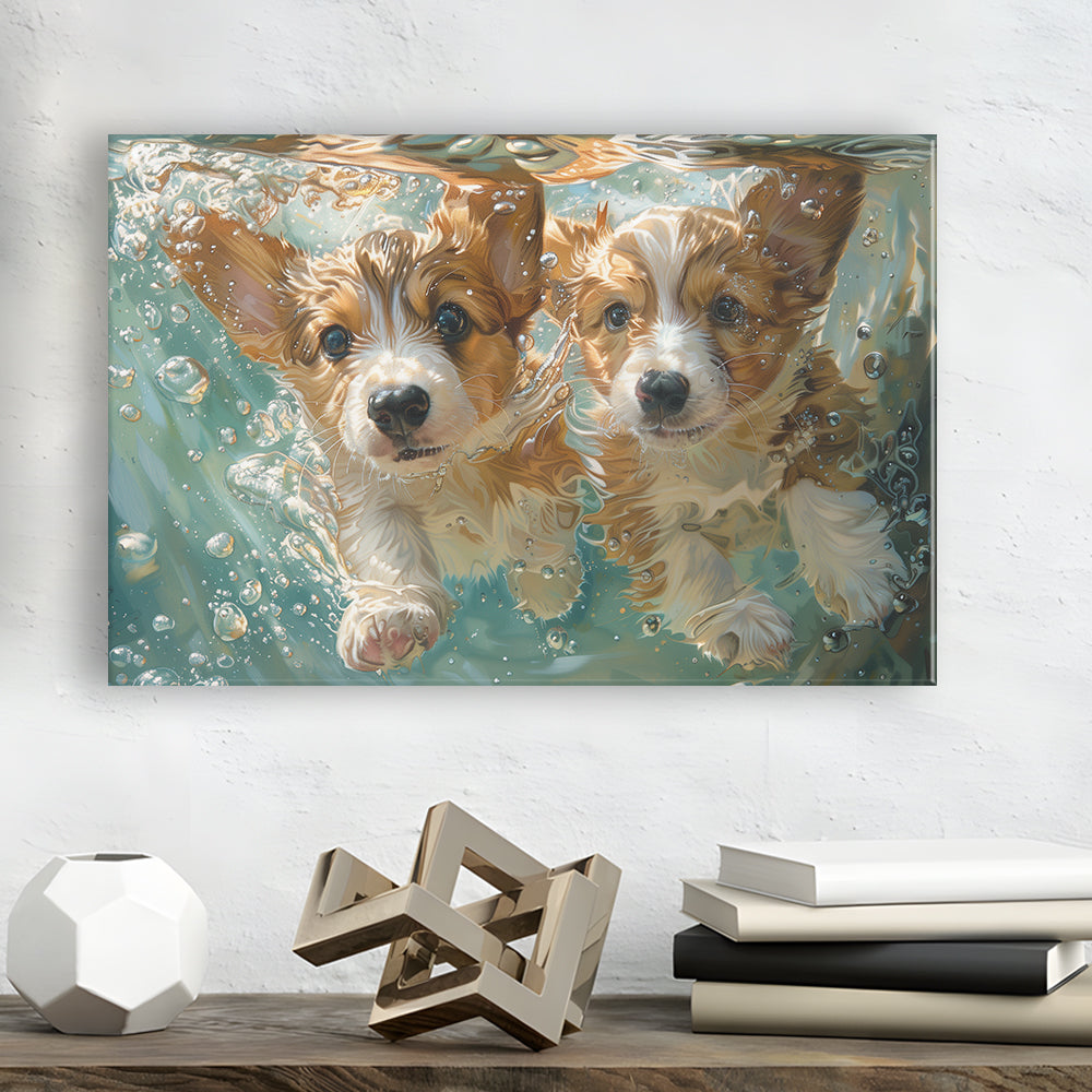 Funny Corgi Puppies Underwater Watercolor, Funny Pet Art, Canvas Print Wall Art Home Decor