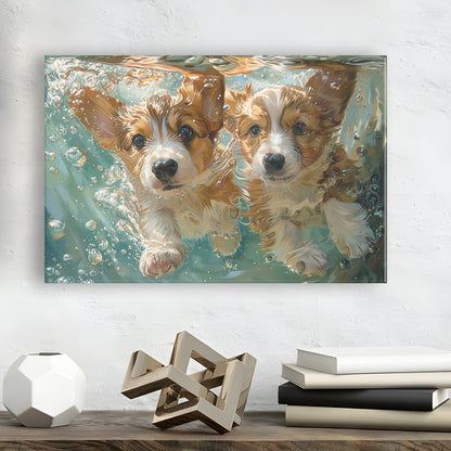 Funny Corgi Puppies Underwater Watercolor, Funny Pet Art, Canvas Print Wall Art Home Decor