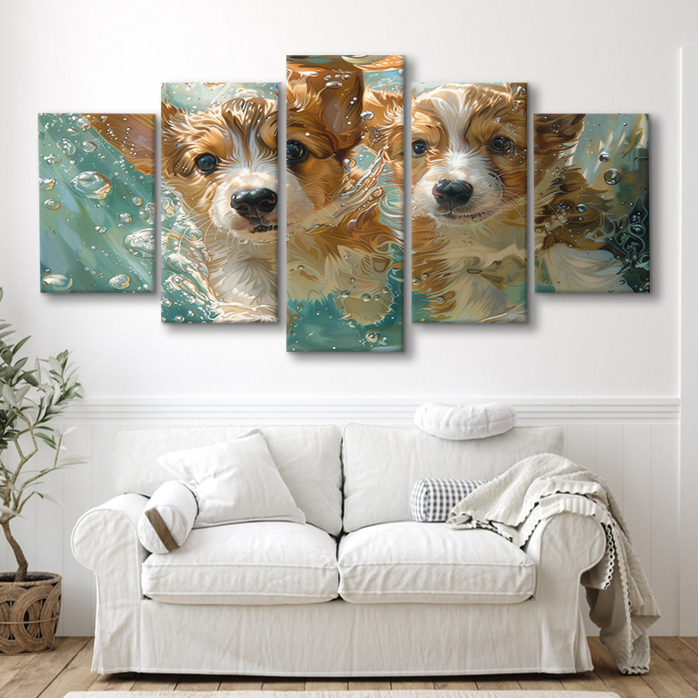 Funny Corgi Puppies Underwater Watercolor, Funny Pet Art, Mixed Panels Canvas Print Wall Art