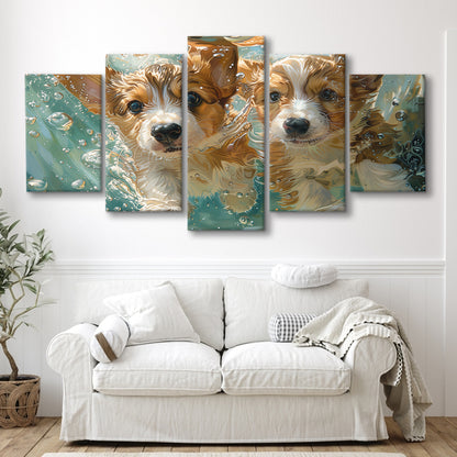 Funny Corgi Puppies Underwater Watercolor, Funny Pet Art, Mixed Panels Canvas Print Wall Art