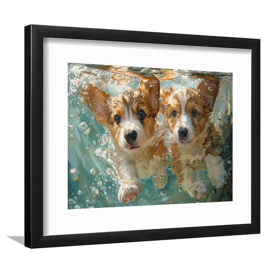 Funny Corgi Puppies Underwater Watercolor, Funny Pet Art, Framed Art Print White Border Wall Decor