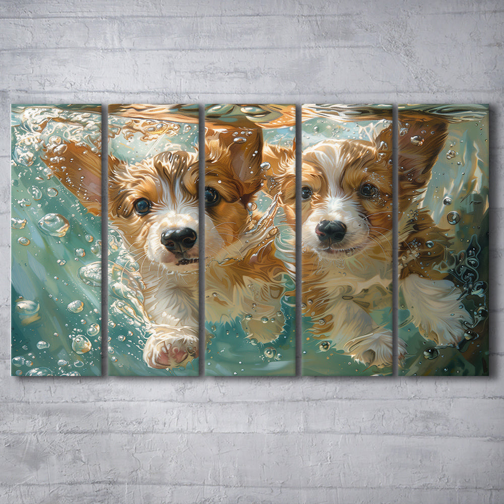 Funny Corgi Puppies Underwater Watercolor, Funny Pet Art, Multi Panels Canvas Print Wall Art