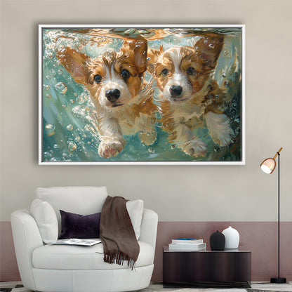 Funny Corgi Puppies Underwater Watercolor, Funny Pet Art, Floating Framed Canvas Print Wall Art