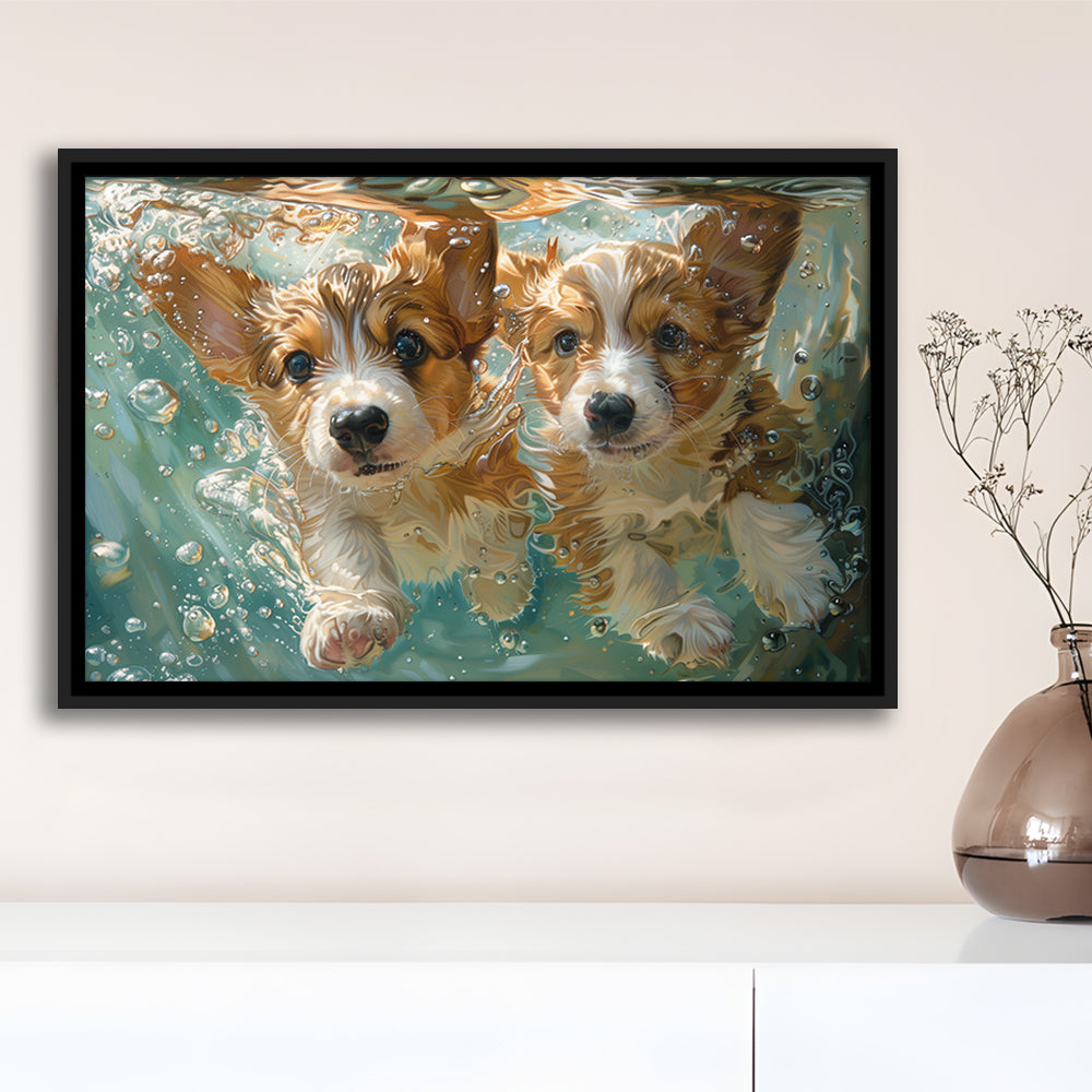 Funny Corgi Puppies Underwater Watercolor, Funny Pet Art, Floating Framed Canvas Print Wall Art