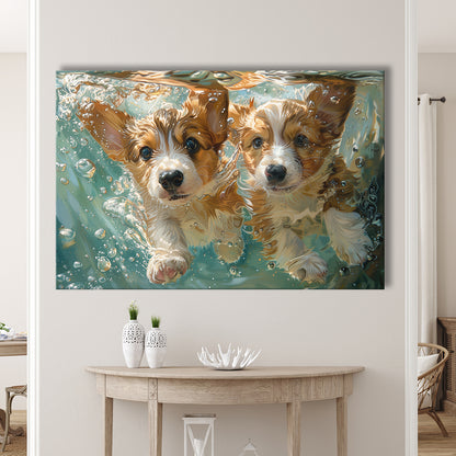 Funny Corgi Puppies Underwater Watercolor, Funny Pet Art, Canvas Print Wall Art Home Decor