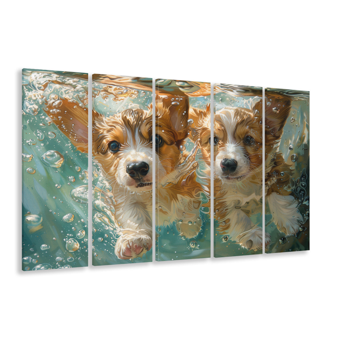 Funny Corgi Puppies Underwater Watercolor, Funny Pet Art, Multi Panels Canvas Print Wall Art