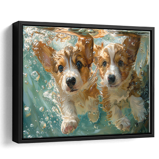 Funny Corgi Puppies Underwater Watercolor, Funny Pet Art, Floating Framed Canvas Print Wall Art