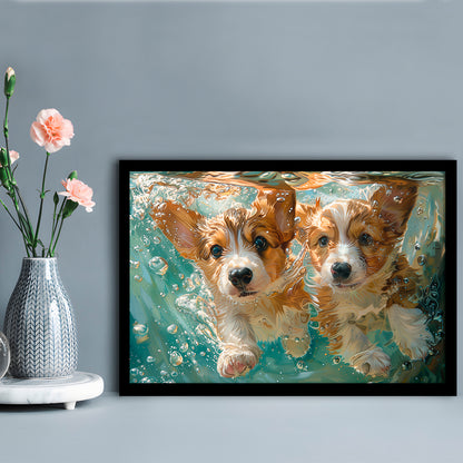 Funny Corgi Puppies Underwater Watercolor, Funny Pet Art, Framed Art Print Wall Decor, Framed Picture