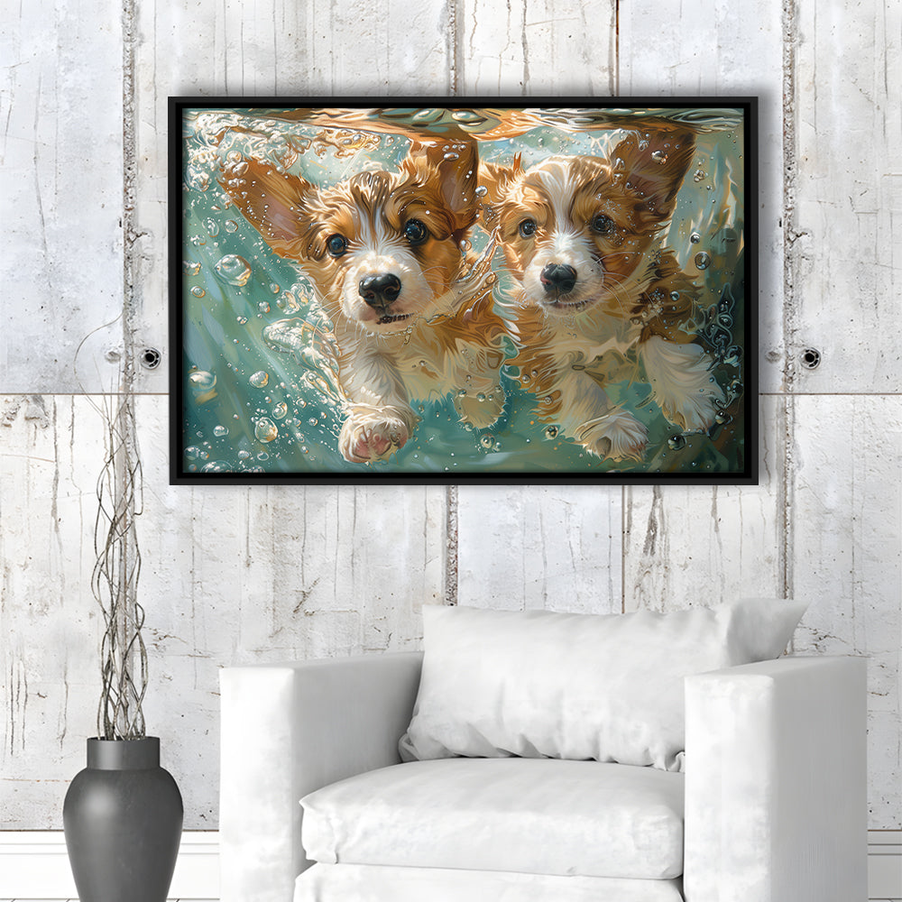 Funny Corgi Puppies Underwater Watercolor, Funny Pet Art, Floating Framed Canvas Print Wall Art