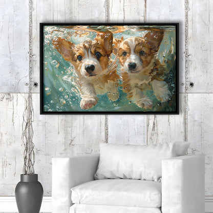 Funny Corgi Puppies Underwater Watercolor, Funny Pet Art, Floating Framed Canvas Print Wall Art