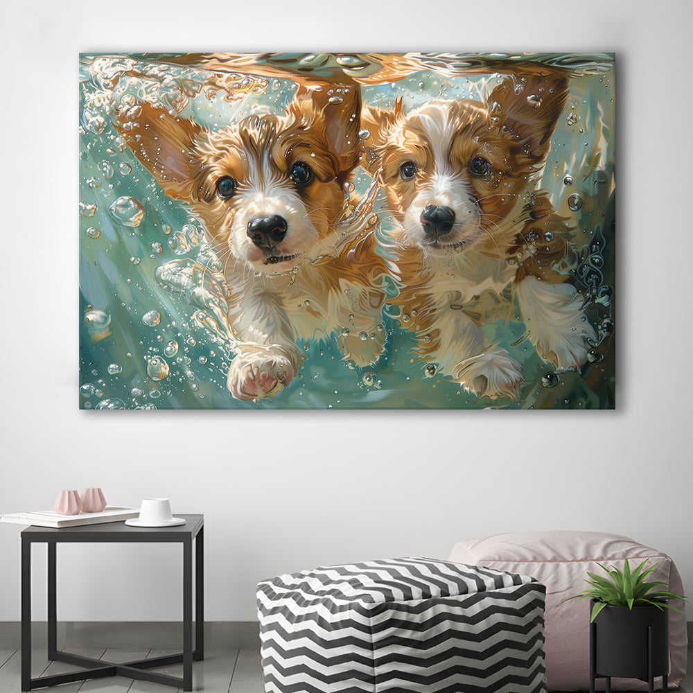 Funny Corgi Puppies Underwater Watercolor, Funny Pet Art, Canvas Print Wall Art Home Decor