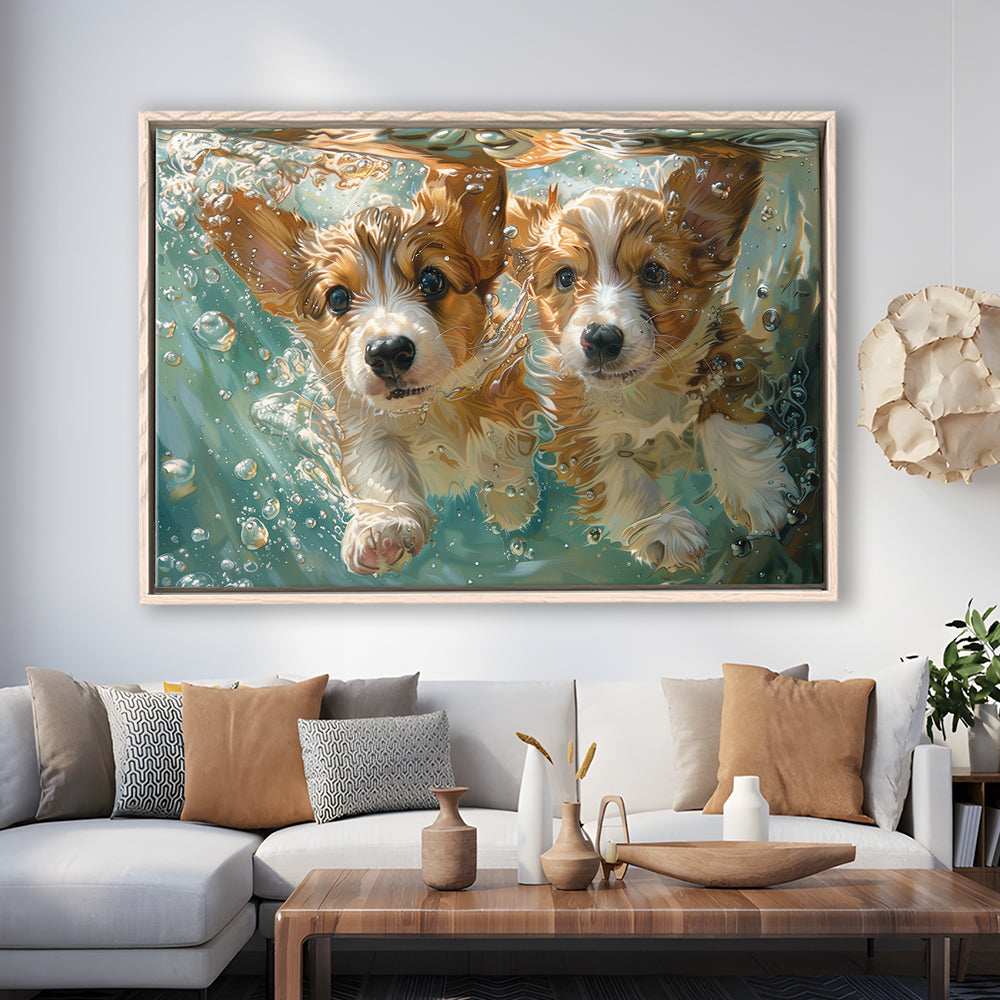 Funny Corgi Puppies Underwater Watercolor, Funny Pet Art, Floating Framed Canvas Print Wall Art