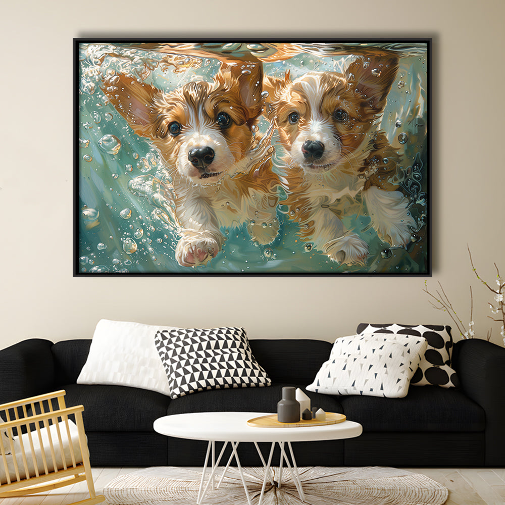 Funny Corgi Puppies Underwater Watercolor, Funny Pet Art, Floating Framed Canvas Print Wall Art