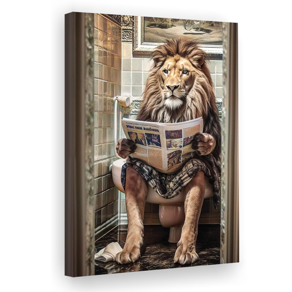 Funny For Men,Lion In Robe Sitting on Toilet Reading Newspaper, Canvas Print Wall Art, Wall Decor, Painting Canvas