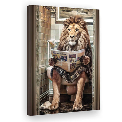 Funny For Men,Lion In Robe Sitting on Toilet Reading Newspaper, Canvas Print Wall Art, Wall Decor, Painting Canvas