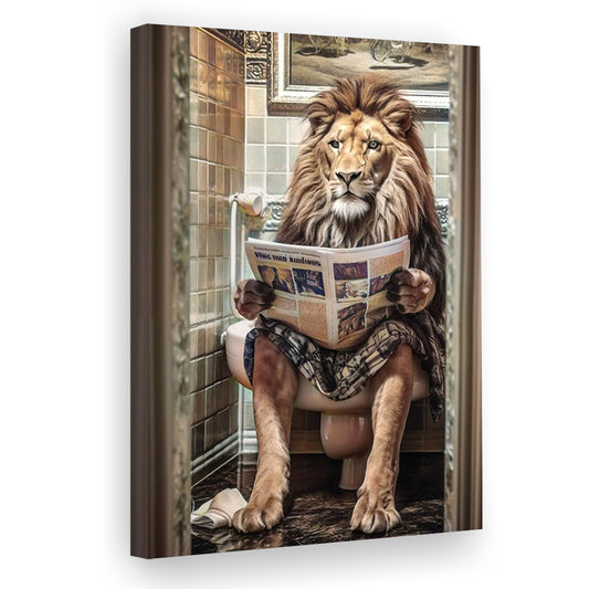 Funny For Men,Lion In Robe Sitting on Toilet Reading Newspaper, Canvas Print Wall Art, Wall Decor, Painting Canvas
