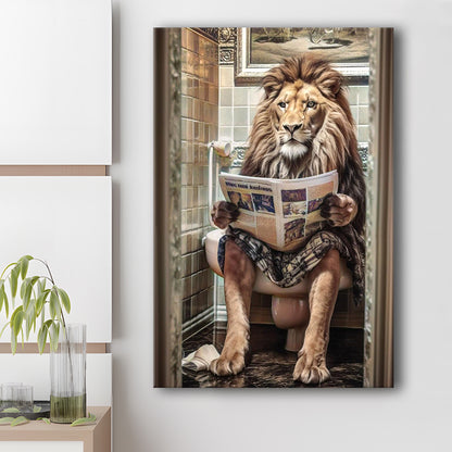 Funny For Men,Lion In Robe Sitting on Toilet Reading Newspaper, Canvas Print Wall Art, Wall Decor, Painting Canvas