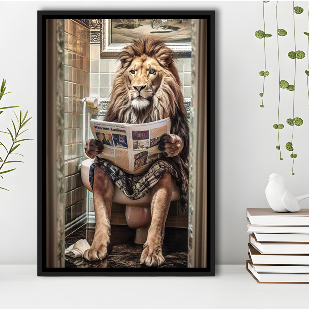 Funny For Men,Lion In Robe Sitting on Toilet Reading Newspaper, Framed Canvas Print Wall Art, Floating Frame
