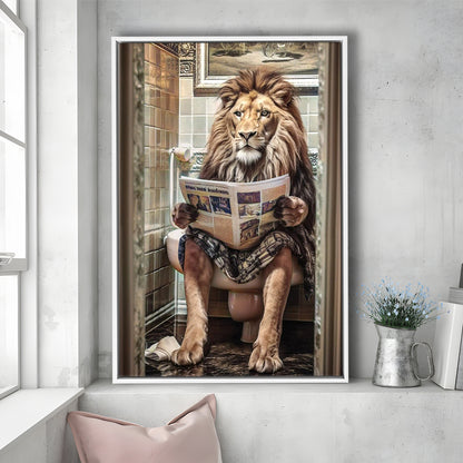 Funny For Men,Lion In Robe Sitting on Toilet Reading Newspaper, Framed Canvas Print Wall Art, Floating Frame