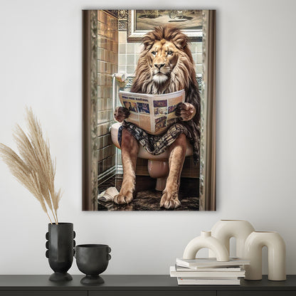 Funny For Men,Lion In Robe Sitting on Toilet Reading Newspaper, Canvas Print Wall Art, Wall Decor, Painting Canvas