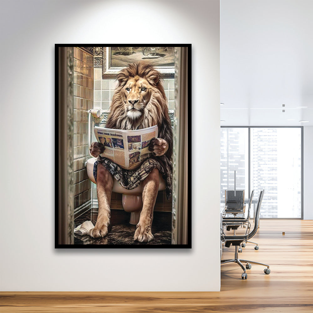 Funny For Men,Lion In Robe Sitting on Toilet Reading Newspaper, Framed Art Print Wall Decor, Picture Framed