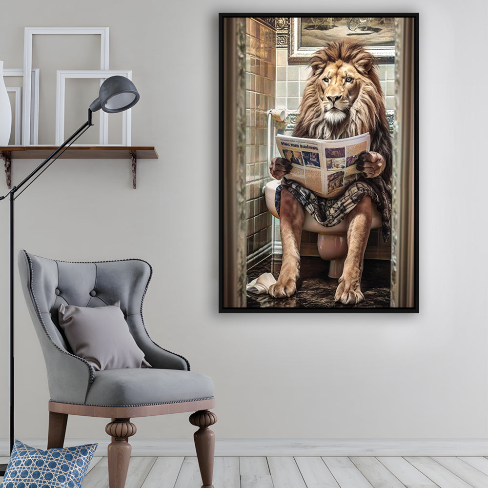 Funny For Men,Lion In Robe Sitting on Toilet Reading Newspaper, Framed Canvas Print Wall Art, Floating Frame