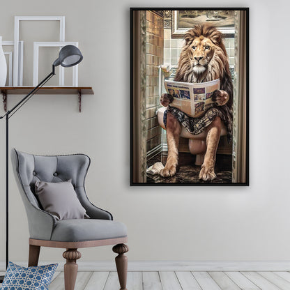 Funny For Men,Lion In Robe Sitting on Toilet Reading Newspaper, Framed Canvas Print Wall Art, Floating Frame