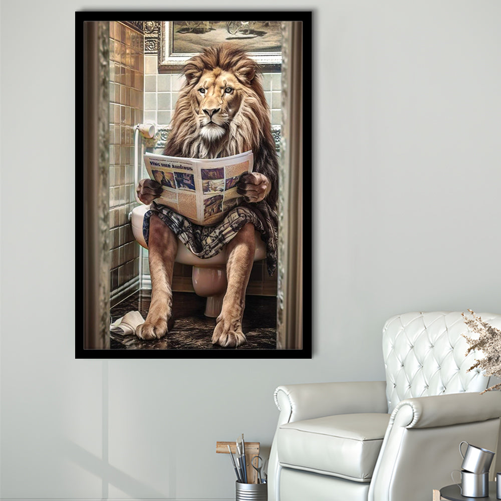 Funny For Men,Lion In Robe Sitting on Toilet Reading Newspaper, Framed Art Print Wall Decor, Picture Framed