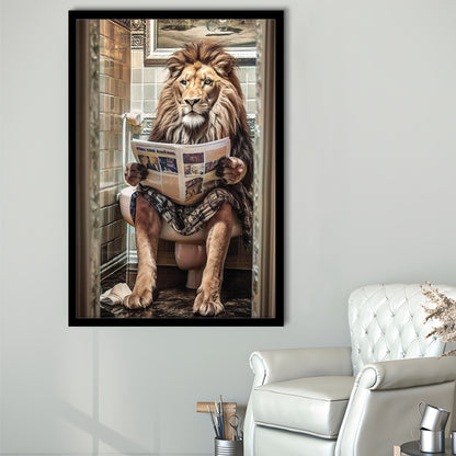 Funny For Men,Lion In Robe Sitting on Toilet Reading Newspaper, Framed Art Print Wall Decor, Picture Framed