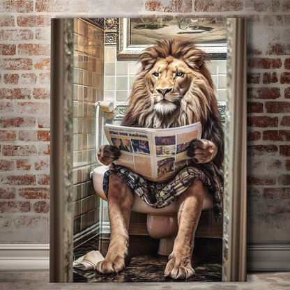 Funny For Men,Lion In Robe Sitting on Toilet Reading Newspaper, Canvas Print Wall Art, Wall Decor, Painting Canvas