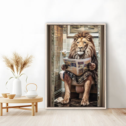 Funny For Men,Lion In Robe Sitting on Toilet Reading Newspaper, Framed Canvas Print Wall Art, Floating Frame