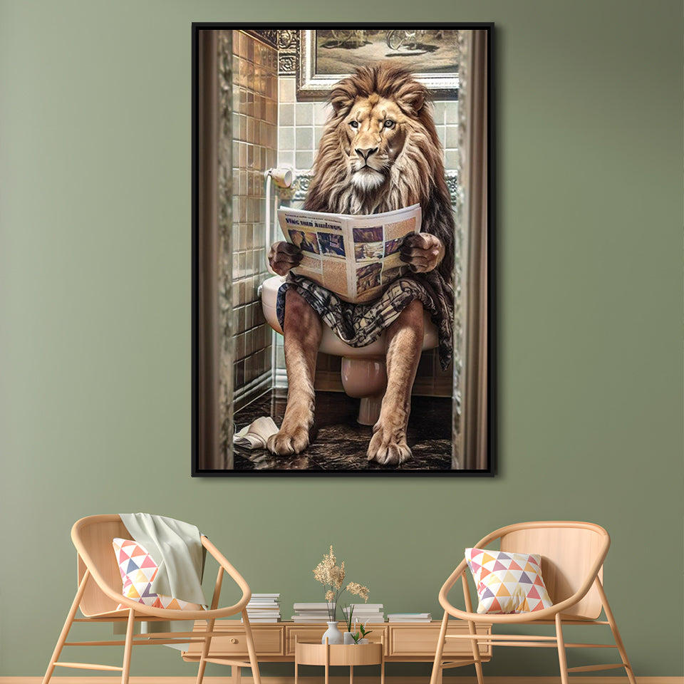 Funny For Men,Lion In Robe Sitting on Toilet Reading Newspaper, Framed Canvas Print Wall Art, Floating Frame