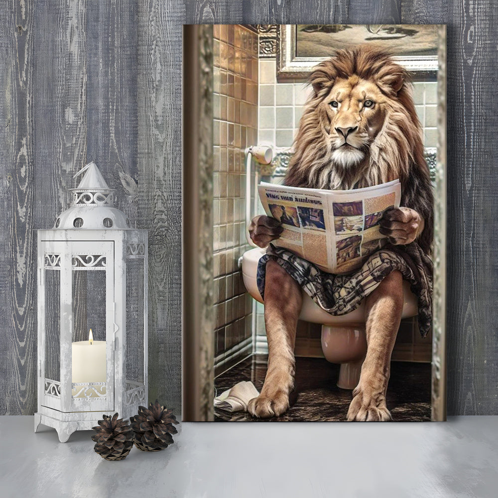 Funny For Men,Lion In Robe Sitting on Toilet Reading Newspaper, Canvas Print Wall Art, Wall Decor, Painting Canvas