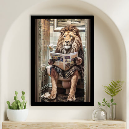 Funny For Men,Lion In Robe Sitting on Toilet Reading Newspaper, Framed Art Print Wall Decor, Picture Framed
