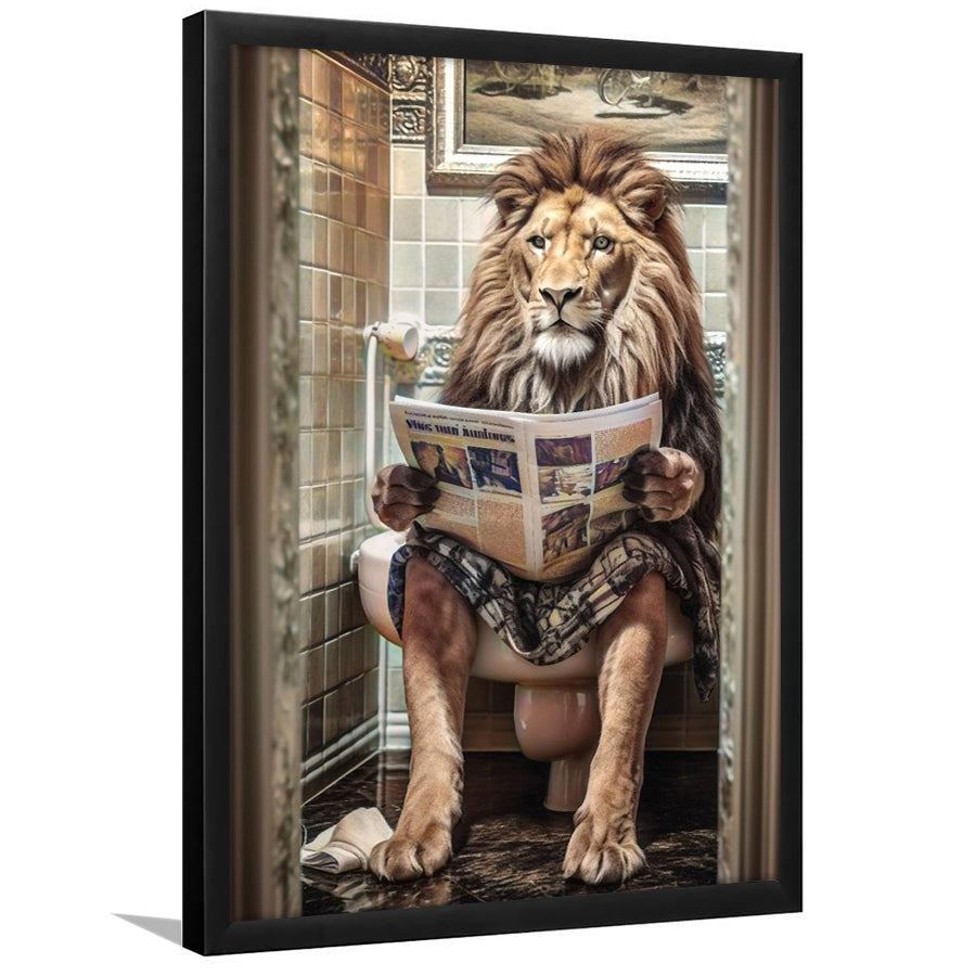 Funny For Men,Lion In Robe Sitting on Toilet Reading Newspaper, Framed Art Print Wall Decor, Picture Framed