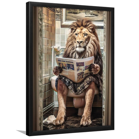 Funny For Men,Lion In Robe Sitting on Toilet Reading Newspaper, Framed Art Print Wall Decor, Picture Framed