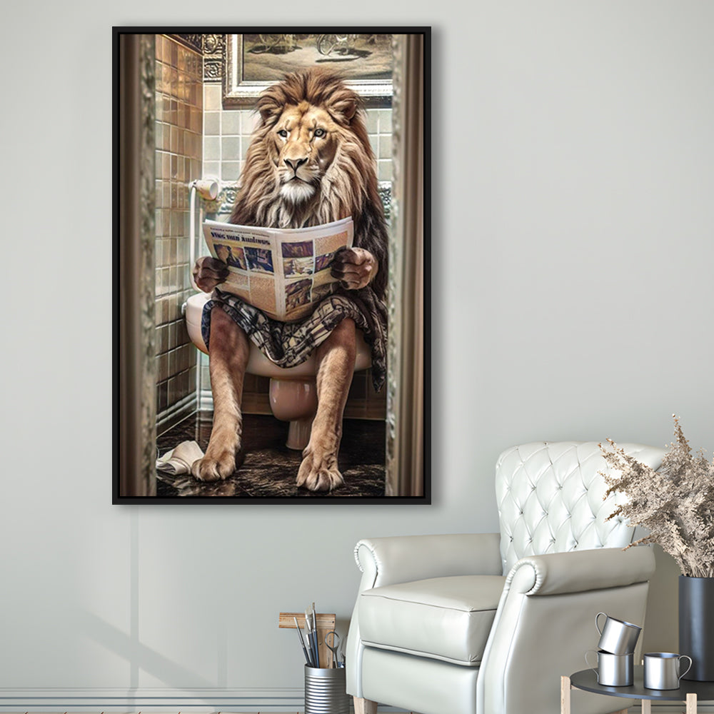 Funny For Men,Lion In Robe Sitting on Toilet Reading Newspaper, Framed Canvas Print Wall Art, Floating Frame