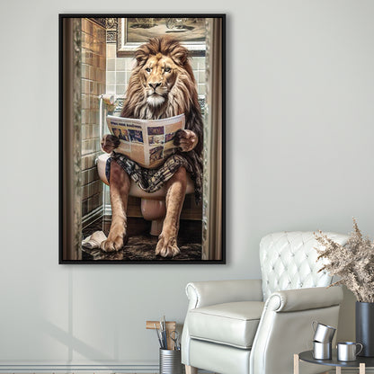 Funny For Men,Lion In Robe Sitting on Toilet Reading Newspaper, Framed Canvas Print Wall Art, Floating Frame