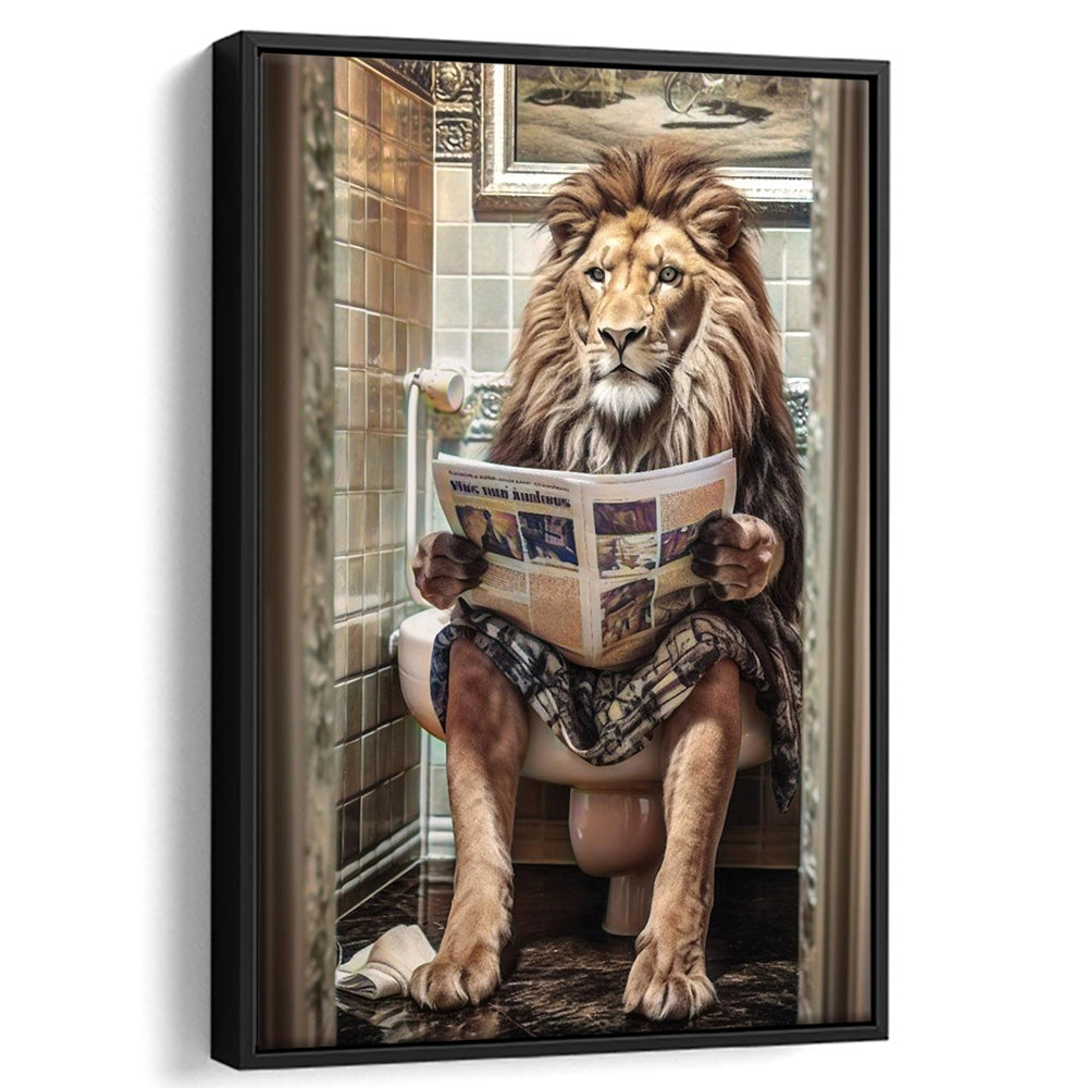 Funny For Men,Lion In Robe Sitting on Toilet Reading Newspaper, Framed Canvas Print Wall Art, Floating Frame