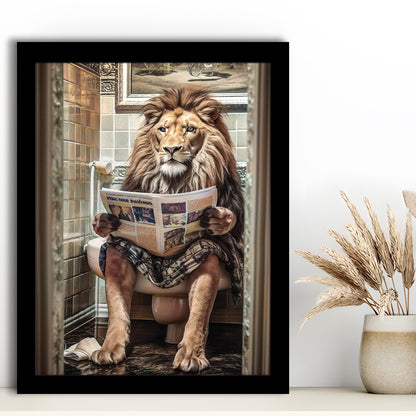 Funny For Men,Lion In Robe Sitting on Toilet Reading Newspaper, Framed Art Print Wall Decor, Picture Framed