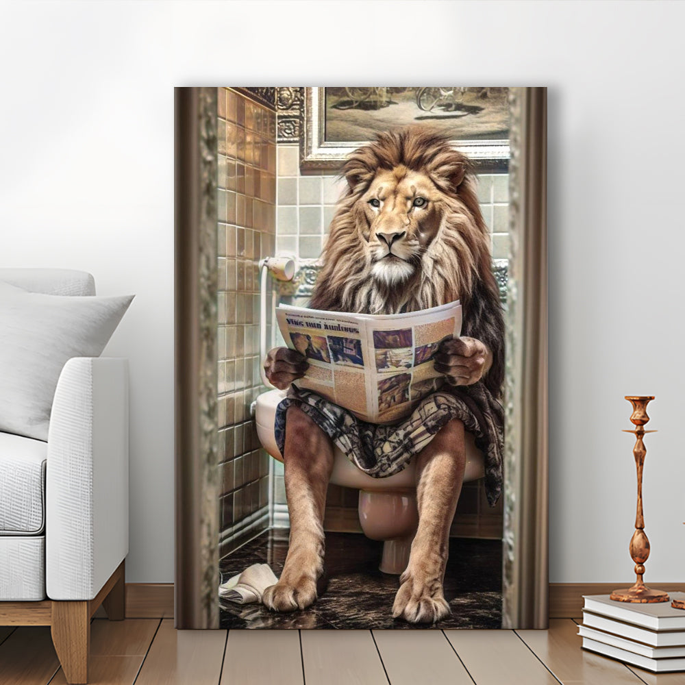 Funny For Men,Lion In Robe Sitting on Toilet Reading Newspaper, Canvas Print Wall Art, Wall Decor, Painting Canvas