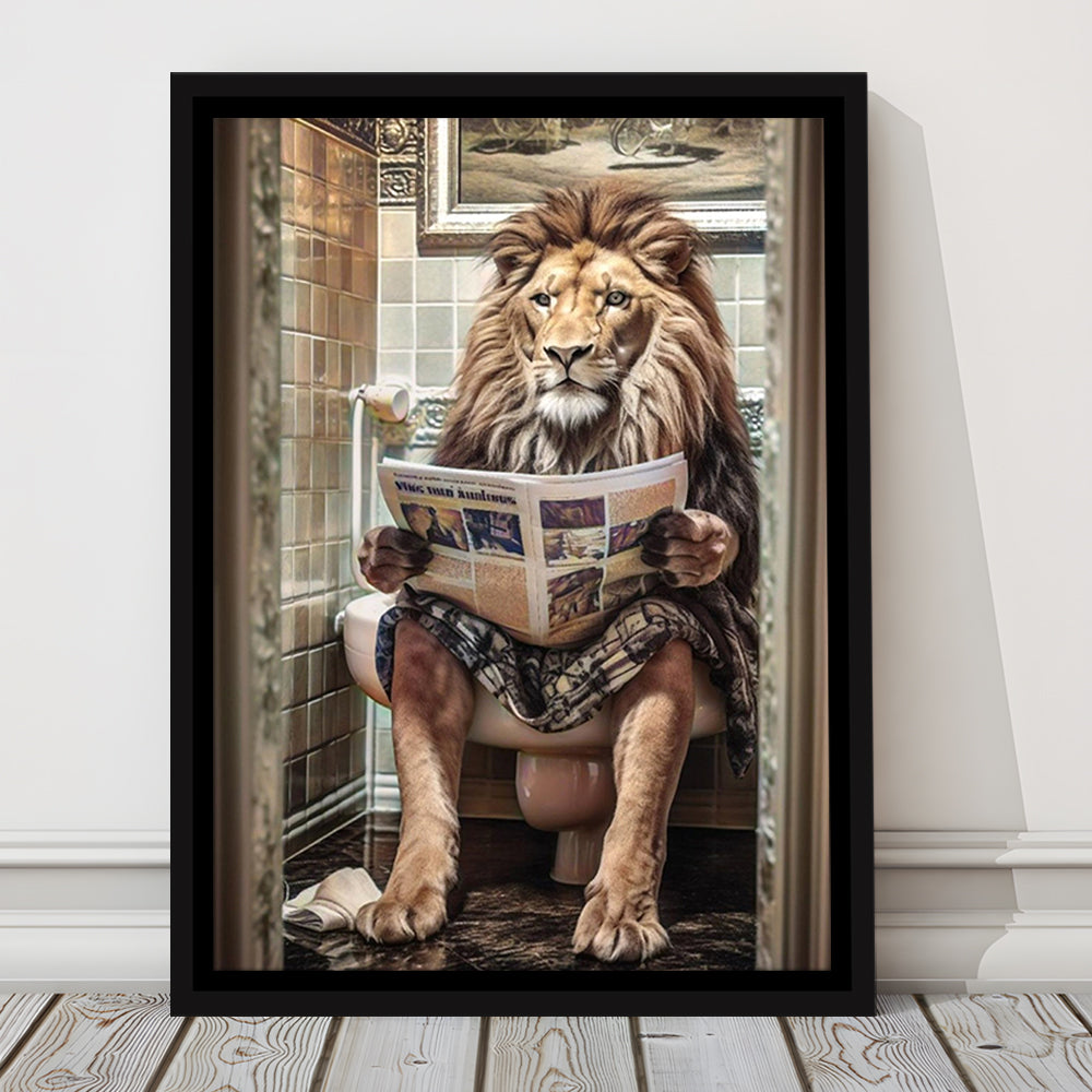 Funny For Men,Lion In Robe Sitting on Toilet Reading Newspaper, Framed Canvas Print Wall Art, Floating Frame