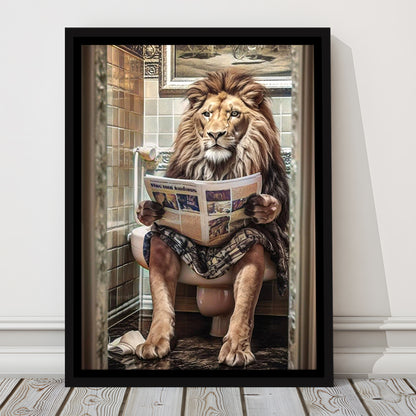 Funny For Men,Lion In Robe Sitting on Toilet Reading Newspaper, Framed Canvas Print Wall Art, Floating Frame