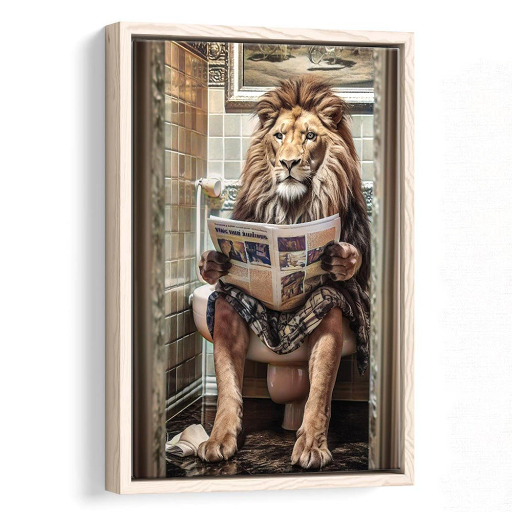 Funny For Men,Lion In Robe Sitting on Toilet Reading Newspaper, Framed Canvas Print Wall Art, Floating Frame