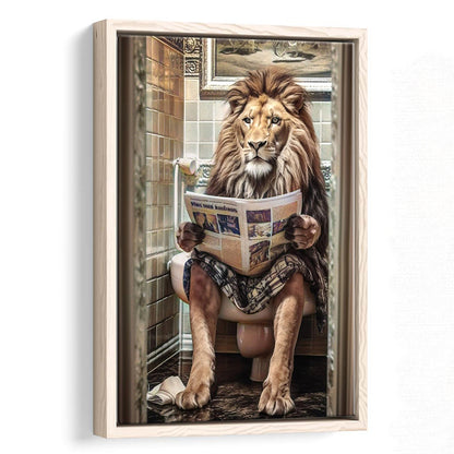 Funny For Men,Lion In Robe Sitting on Toilet Reading Newspaper, Framed Canvas Print Wall Art, Floating Frame