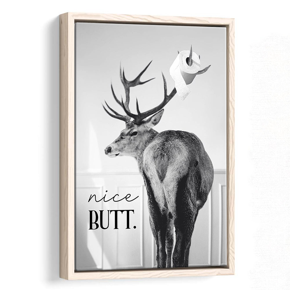 Funny Nice Butt Deer Bathroom Black and White, Framed Canvas Print Wall Art, Floating Frame